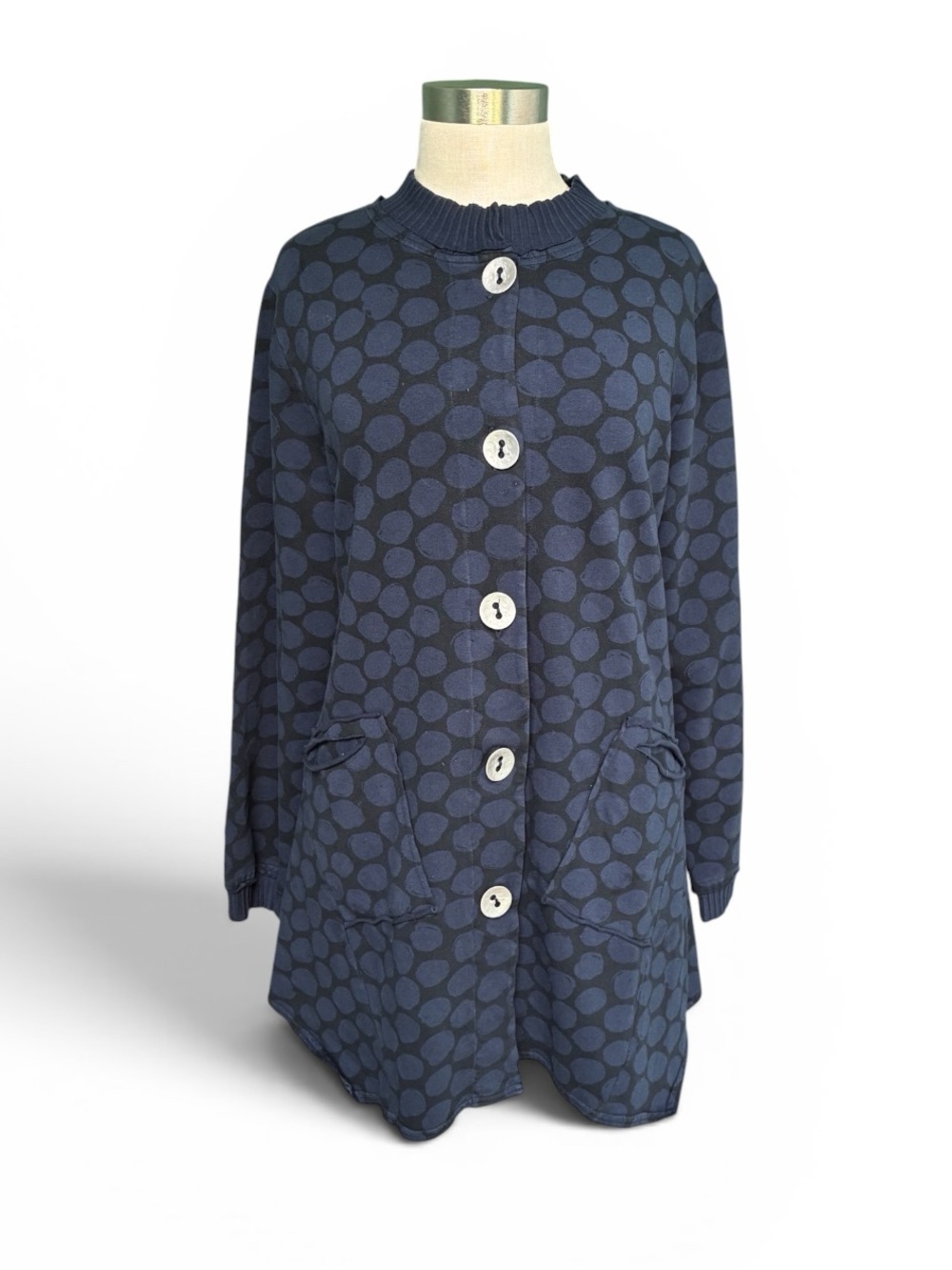 Fenini Navy Polka Dot Button Front Cardigan or Coat
